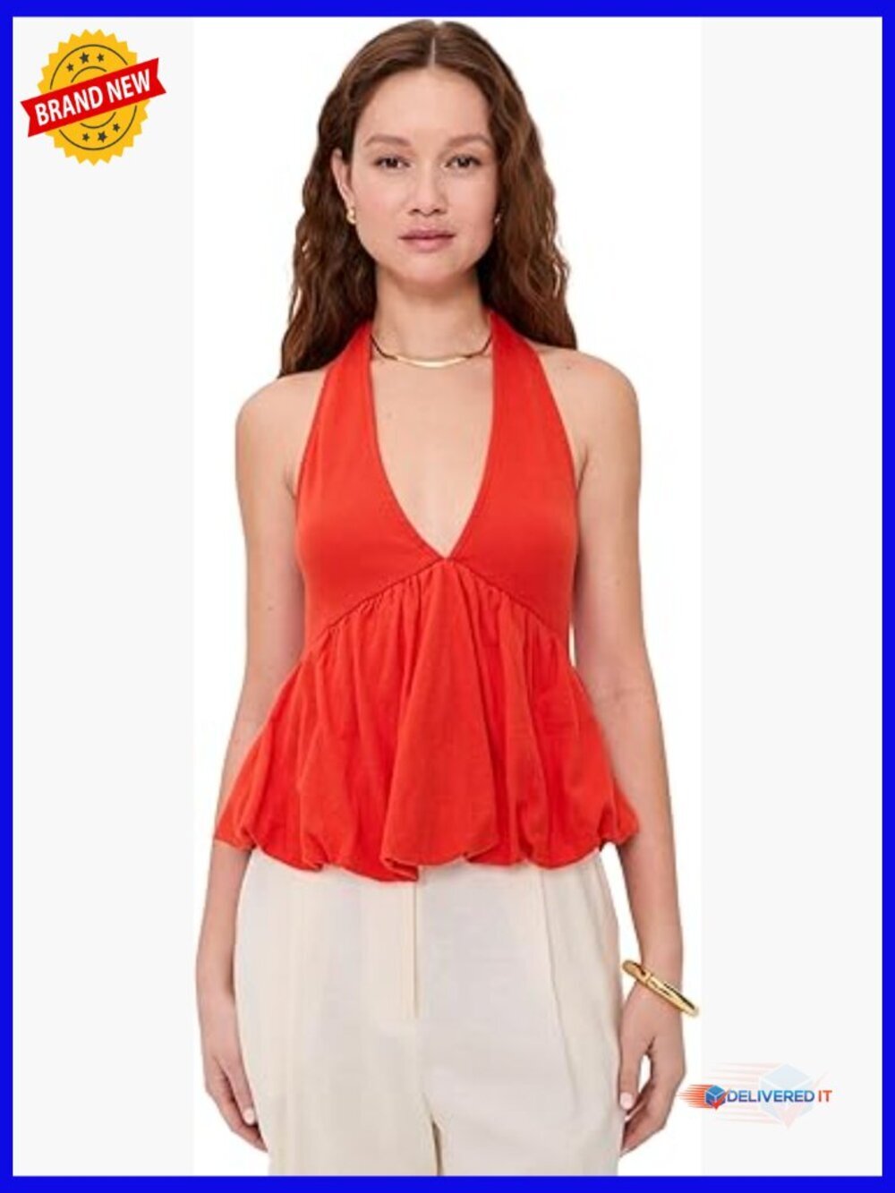 Lightweight Stretch Knit Halter Top Peasant Blouse Sleeveless Tie Neck